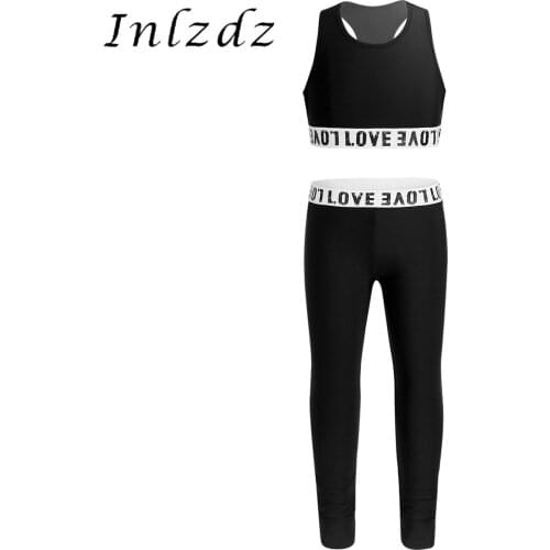 2PCS Kids Girls Ballet Dance Costume Athletic Outfit Letter Printed Racer Back Tanks Crop Top with Leggings Set for Ballet Dance