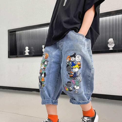 Boys Denim Shorts 2021 Summer Thin Cartoon Print Pants Childrens Loose Boy Denim Seven-point Pants Tide Boys Clothes pants