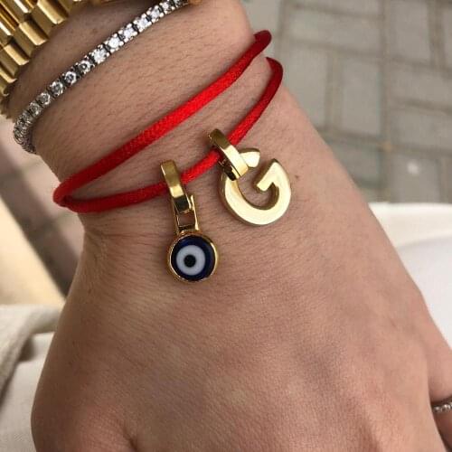 GULCE DERELI, LETTER AND EVIL EYE CHARM RED BRACELET, INITIAL BRACELET, TWO CHARM BRACELETS, GIFT BOX, GOLD/SILVER PLATED