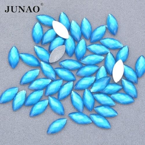 JUNAO 7x15mm Neon Aqua Blue Resin Crystal Horse Eye Rhinestones Applique Flat Back Gems Non Hotfix Strass Scrapbook Beads Crafts