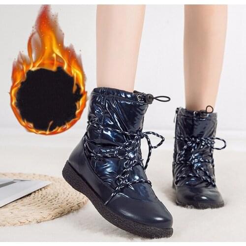 Nice Patent Leather Snow Boots Women Winter Plush Warm Waterproof Ankle Boots Lady Vogue Elastic Band Hight Top Platform Shoes