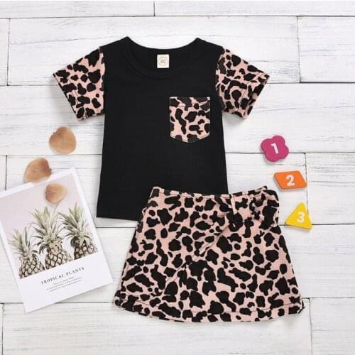 Baby Girls Summer Clothing Infant Kids Baby Girl 2Pcs Set Leopard Clothes Short Sleeve Tops Shirt Skirts Patchwork Outfits