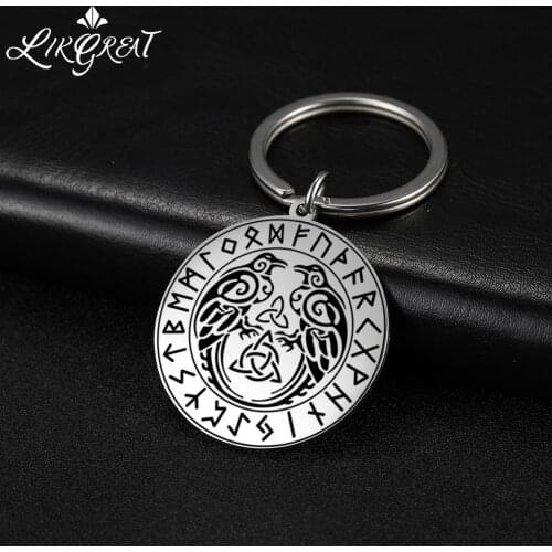 LIKGREAT Norse Viking Odins Ravens Knot Pendant Keyring Runes Circle Amulet Emblem Key Chain Stainless Steel Key Holder Jewelry