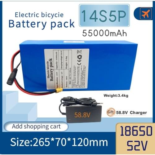 52V 14S5P 55000mAh 18650 2000W lithium battery for balance car, electric bicycle, scooter, tricycle (with BMS 58.8v 3a charger)