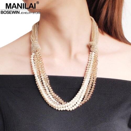 MANILAI Silk Rope Chunky Necklace Multilayer Crystal Pendant Necklace for Women Handmade Statement Necklace Party Jewelry