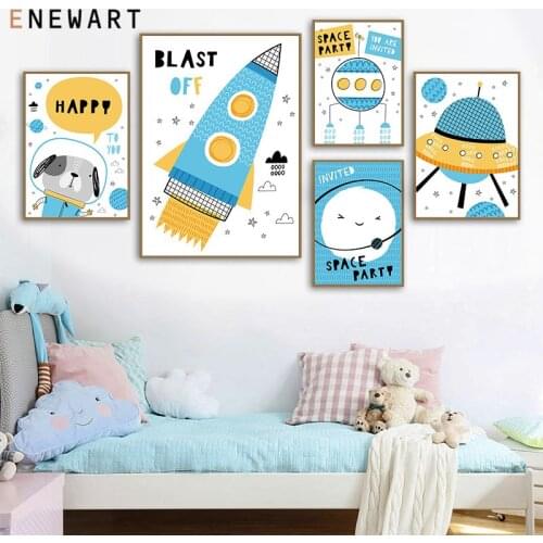 Cartoon Space Adventures Canvas Wall Art Blue Nursery Child Poster Rocket Airship Painting Nordic Kid Baby Room Decor Picture
