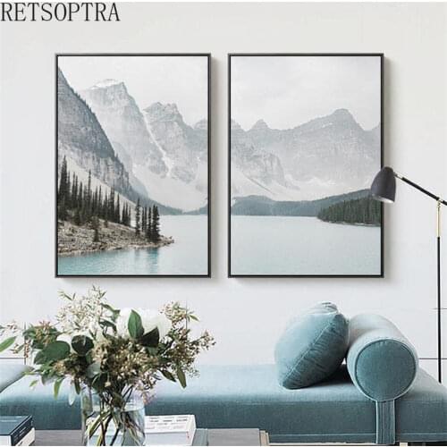 Landscape Nature Wall Art Poster Painting Snow Mountains Lakes Pictures Nordic Modern Minimalist Living Room