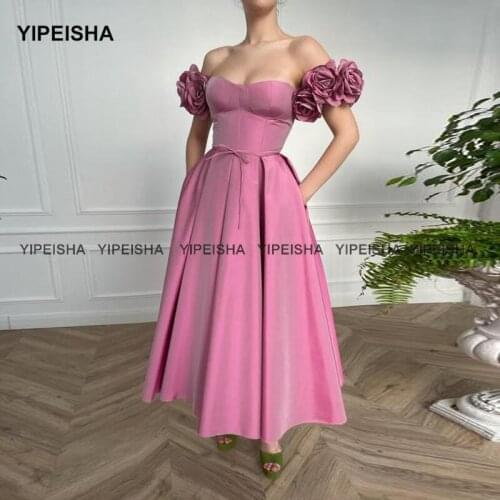 Yipeisha Vintage Tea-length Rose Prom Dresses Off-shoulder Flowers A Line Taffeta Party Dress Short Vestido de Festa Curto