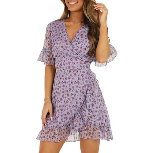 Women Lilac Floral Wrap Dress Summer Elegant Flare Sleeve Boho Print Mini Sundress Sexy V Neck Ladies Clothes