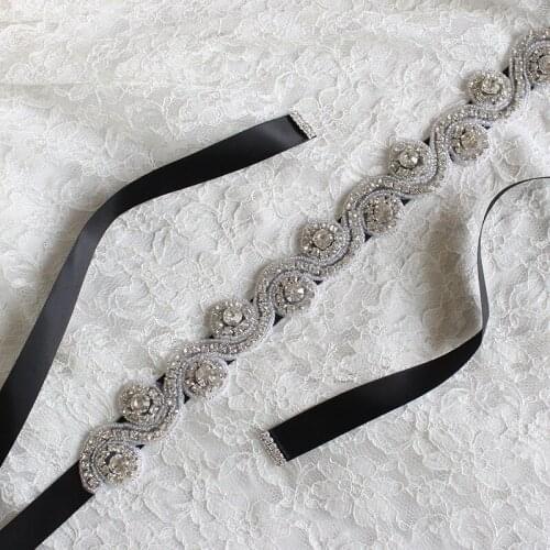 Silver Black Satin Ribbon Belt Rhinestone Pearls Wedding Belts Wedding Dress Evening Dress Accessory Fashion headband Decoration