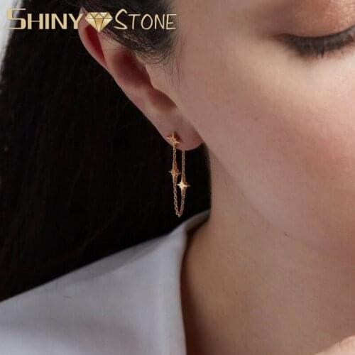 Real 925 Sterling Silver Gold Plated Starburst Northstar Charm With Tassel Chain Multi Piercing 925 Girl Women Earring