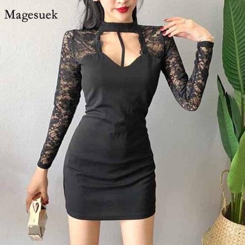 Sexy Autumn Winter Slim Bodycon Mini High Waist Dress Ladies Fashion Hollow Out Lace Stitching Halterneck Dress for Women 12373