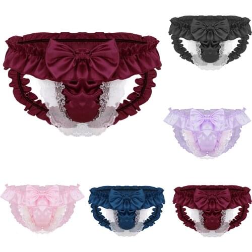 Sissy Gay Men Sexy Stretch Bulge Pouch Thong Bikini Briefs Underwear Hot Porno Lace Erotic Hollow Out Bow Lace Satin Underpants