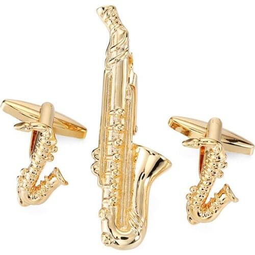 High Quality Luxury Tie Clip& Cufflinks golden sax Cuff Link and Tie Clip Set Romantic musician Mans French Shirt Button