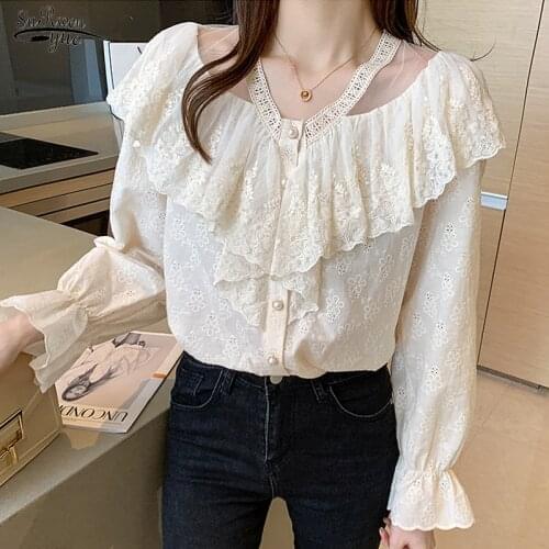 Autumn New 2021 Korean Women Blouse New V Neck Mesh Stitching Ruffled Flare Long Sleeve Shirt Hollow Embroidery Loose Top 13978