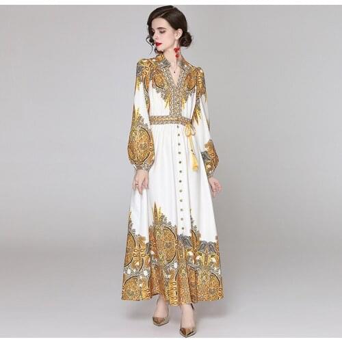 Women Summer Dresses Party Night Ankle-Length Printing Office Lady Full Dresses V-Neck Elegant A-LINE 2021 New Women Dresses