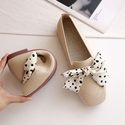 Large Size Knitted Single Shoes Womens 2021 Spring and Summer New Soft-soled Square Toe Woven Bow Flat Shoes