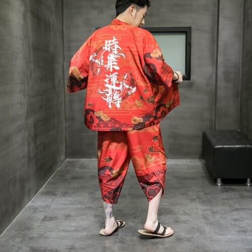 Plus Size M-5XL Red Blue Fashion Japan Kimono Daopao Robe Suit Traditional Chinese Clothing Style Orient Tang Hanfu for Men Sets