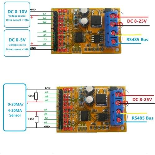 7ch 5V 10V Analog Voltage acquisition Sampler RS485 ModBus RTU Module for PLC Oscilloscope ADC 4-20ma Sensor