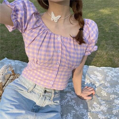 Blouse Women Square Collar Plaid Tops for Women Short Summer Puff Sleeve Shirt Women Blusas Mujer De Moda