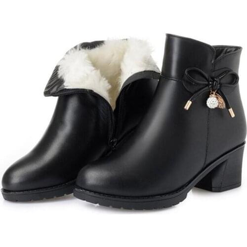 ZXRYXGS Brand Shoes Woman Ankle Boots Plus Size Rhinestone Bow Warm Plush Wool Snow Boots Full Genuine Leather Shoes Women Boots
