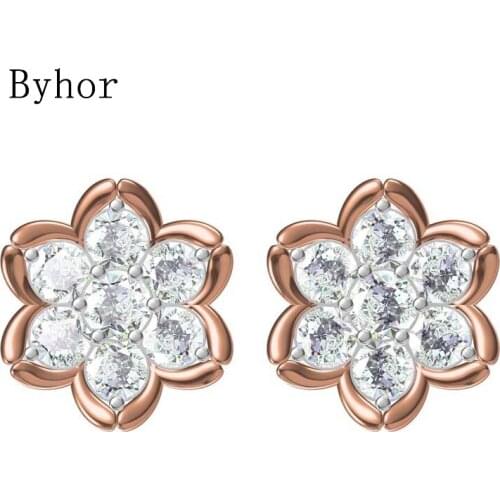 Byhor Solid 14K White/Yellow+White/Rose+White Gold 1.97ct H/SI Natural Diamonds Fine Jewelry Wedding Flower Stud Earrings Cерьги