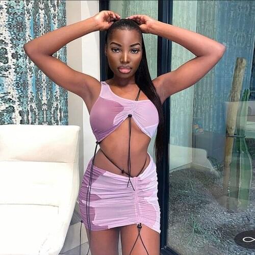 Sleeveless One-Shoulder Backless Ruched Mesh Tshirt Skirt 2 Pieces Set Autumn Winter Women Sexy Party Tracksuit Newest 2021