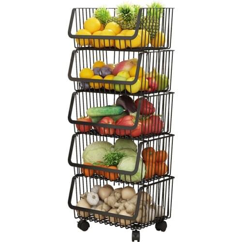 Black Carbon Steel Storage Rack Holder Vegetable Fruit Kitchen Organizer Home Floor Rack with Wheels Multi-layer Mobile Shelf