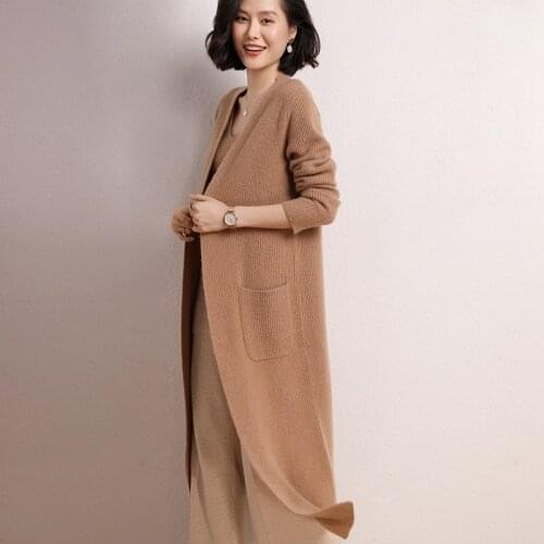Hot Sale Autumn Winter New 100% Cashmere Cardigan Sweater Womens Solid Color Thicking Soft Fashion Long Female Long Sleeve