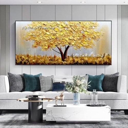 Beautiful art for wall decoration Handmade cavnas thick oil painting gold big money tree hanging picture for office Unframed