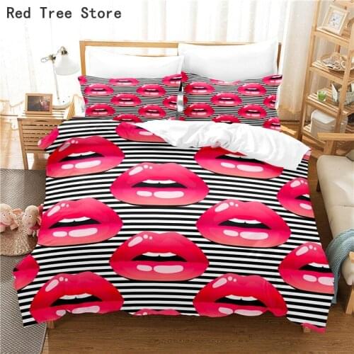Red Lips Stripe HD Bed Cover Set Lover Adult Luxury Duvet Queen King Size Comforter Bedding Sets with pillowcases Romantic Gifts