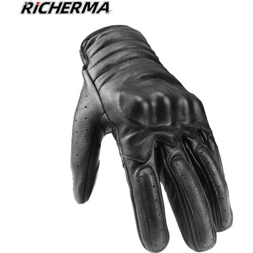 Black Motorcycle Gloves Sheepskin Leather Basic Waterproof Spring Summer Motocross Gloves Full Finger Women Motorbike Gloves