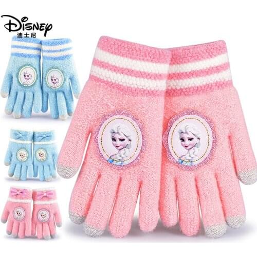 Original Disney Children Gloves Ice And Snow Princess Girl Full Finger Five-finger Fall And Winter Warm Touch Screen Kid Gloves