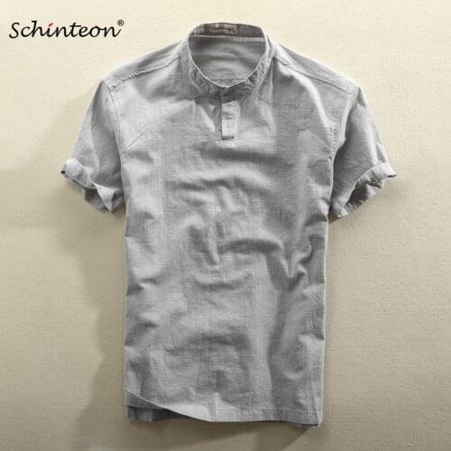 2020 Schinteon Men Casual Cotton Linen Shirt Summer Solid Color Thin Short Sleeve Stand Color