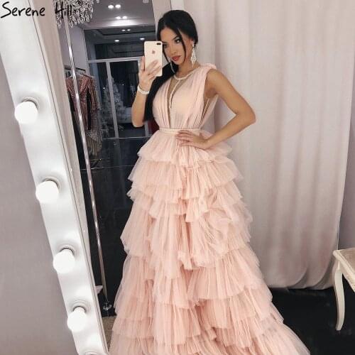 Serene Hill Pink SleevelssTiered Sexy Evening Dresses Gowns 2020 Tulle Simple For Women Party HA2474