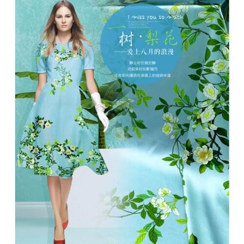 Printed silk stretch satin 19 momme Width 120cm Blue and Green Color Floral Pattern