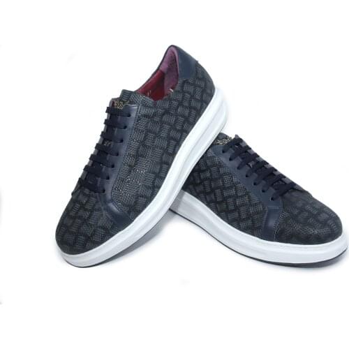 Handmade Dark Blue Sport Sneakers with Natural Calf Skin, Patterned Matte Embossed Lazer Leather, Mens Casual Lightweight Shoes