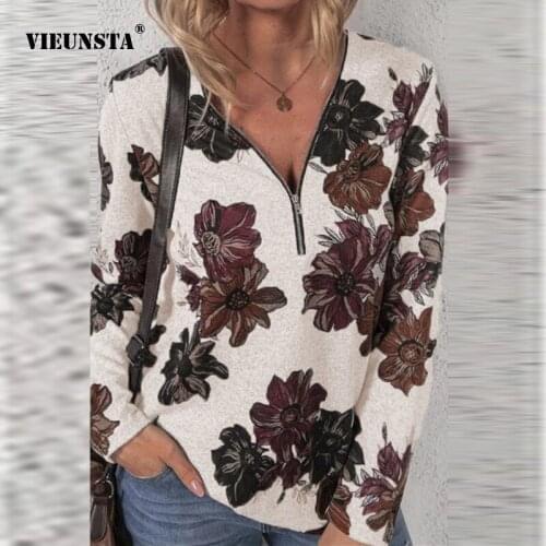 Autumn Winter Womens Base Hedging Shirt 2021 Zipper V-neck Flowers Printing Long Sleeve Loose Casual T-shirt Plus Size Tops 5XL
