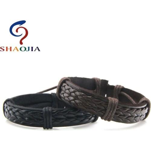 SHAOJIA Trendy Punk Genuine Leather Bracelets For Women Men Manual Weave Leather Adjustable Cuff Bracelets Ethnic Unisex Jewelry