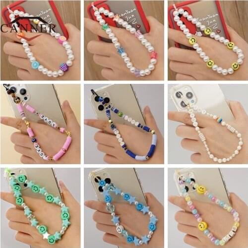CANNER Wrist Chain For Phone Holder Summer Beach Phone Chains Smile Face Letter Bracelet Women Colorful Beads Lanyard Jewelry