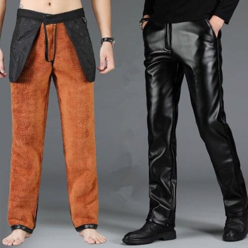 New Mens Faux Leather Pants Winter Thick Fleece Punk Style Skinny Windproof Motorcycle Black PU Leather Soft Warm Work Trousers