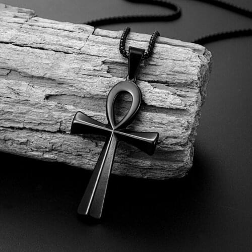 Trend Ancient Egypt Ankh Cross Pendant Necklace black Gold Silver Color Polished Chain Stainless Man Steel Punk Hip Hop Jewelry
