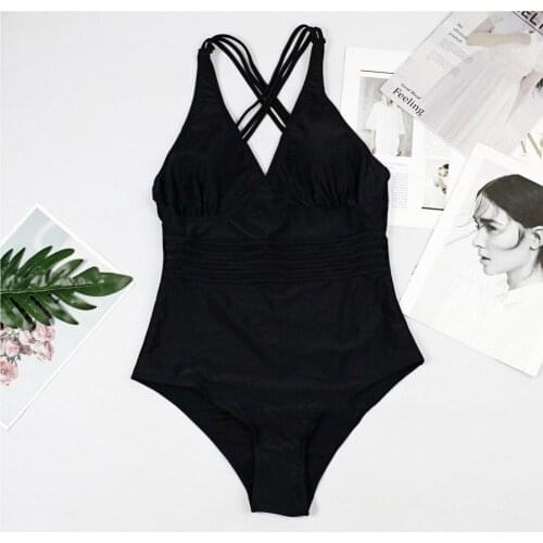 Women Swimwear Deep V-neck Solid Tummy Control Backless One-piece Bathing Suit Monokini Sexy Female Plus Size Beach Bikinis Set