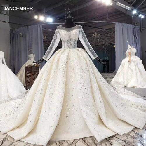 HTL1566 Luxury See-through Bodice Crystal Sequined Wedding Dress 2020 O-Neck Long Sleeve Royal Train Ball-Gowns белое платье