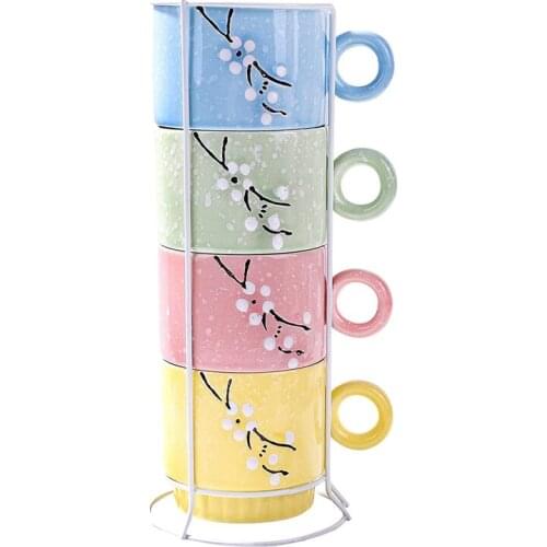 Ceramic Coffee Mugs Set Of 4,Stackable Coffee Cups With Stand,Vibrant Color And Space Saving,For Latte,Mocha Coffee,Tea