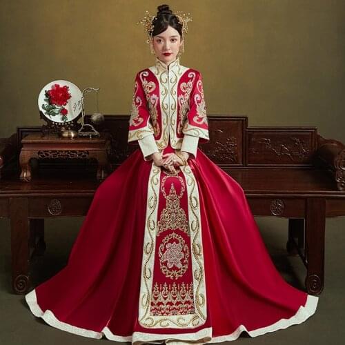 Chinese Wedding Dress Bride Embroidery Cheongsam Formal Vintage Women Banquet Costume китайская одежда