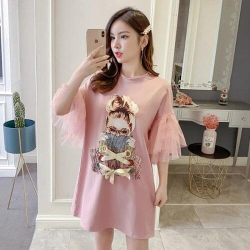 Summer Women Loose Girls T-Shirts Dress Short-sleeved Mesh Spliced Tees Lace Stitching Sequined Puff Sleeve Dress Crop Tops 2021