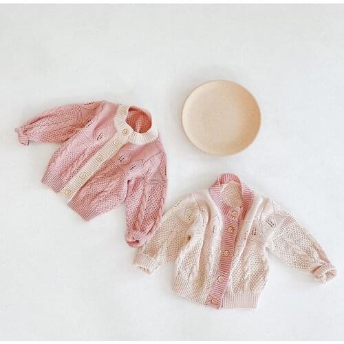 Hot Sell Wool Knit Colorblock Coat Top Wild Cardigan Hollow Sweater Outerwear Newborn Baby Clothes Button Autumn Spring Outfits