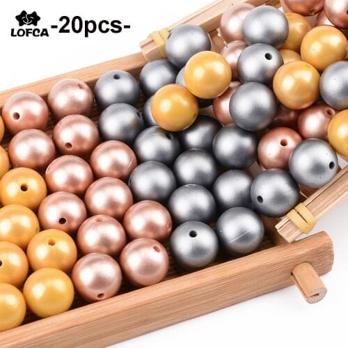 LOFCA 20pcs Metallic Silver Print 12/15/19mm Silicone Beads Teething Beads Food Grade Silicone Baby DIY Teether Nursing Chewing