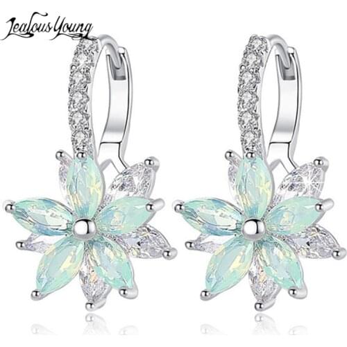 Cute Romantic Clear Stone Flower Shape Simple Green Hoop Earrings Fashion Cubic Zirconia Hoops for Women Party